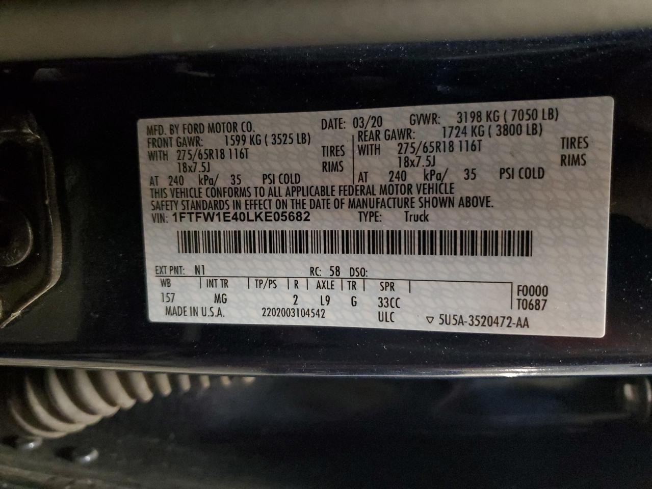 2020 Ford F150 Supercrew VIN: 1FTFW1E40LKE05682 Lot: 89837635