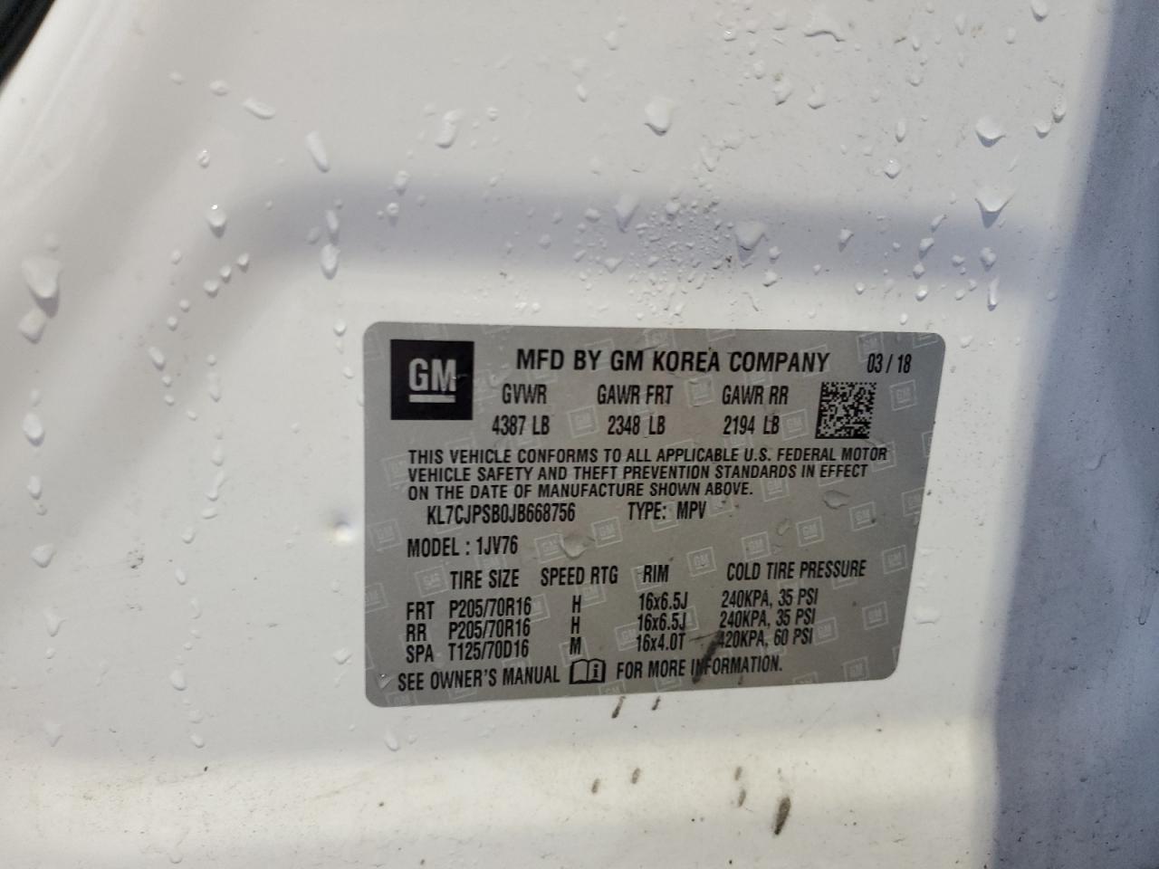 2018 Chevrolet Trax 1Lt VIN: KL7CJPSB0JB668756 Lot: 84659705