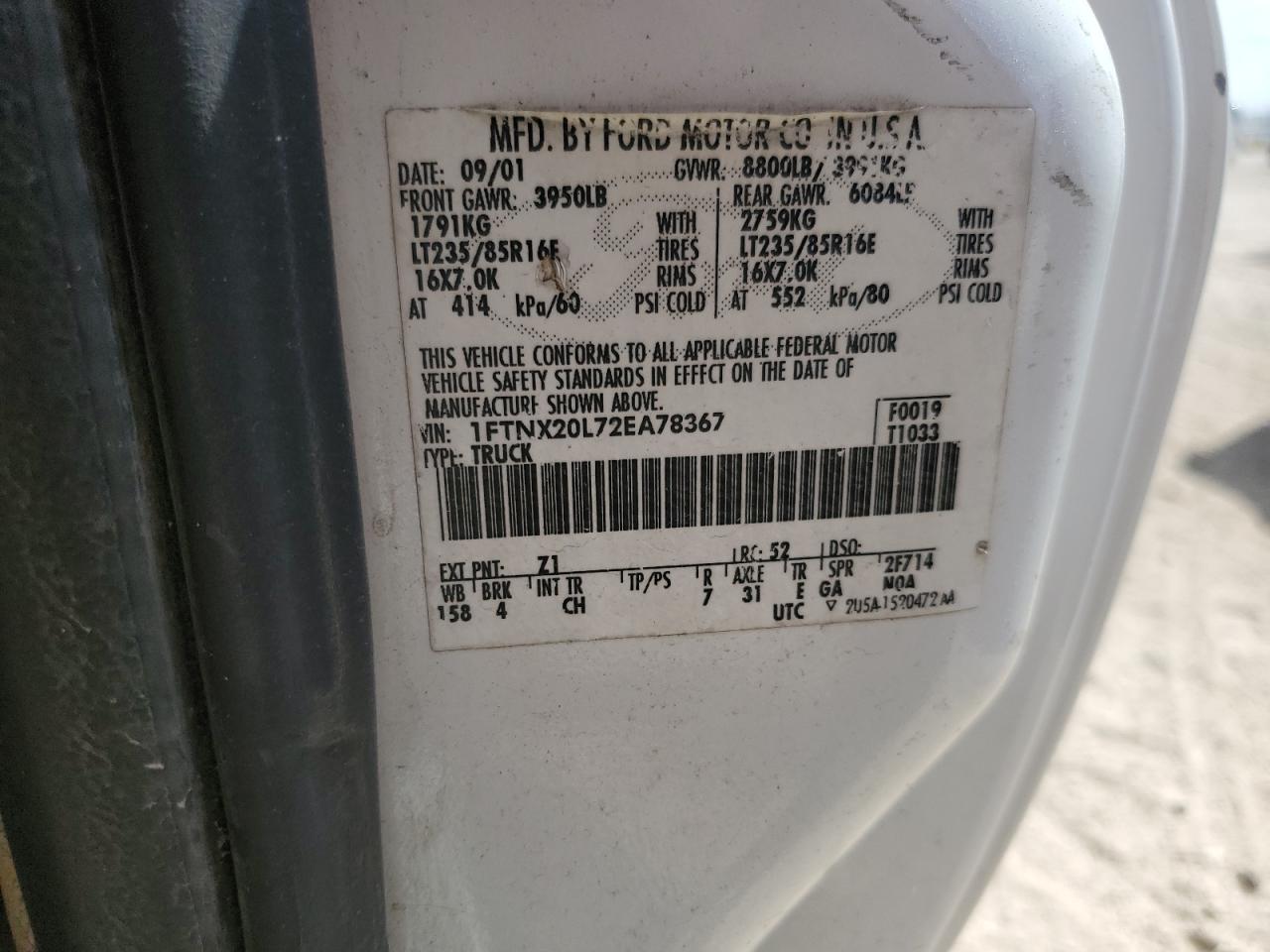 2002 Ford F250 Super Duty VIN: 1FTNX20L72EA78367 Lot: 89462365