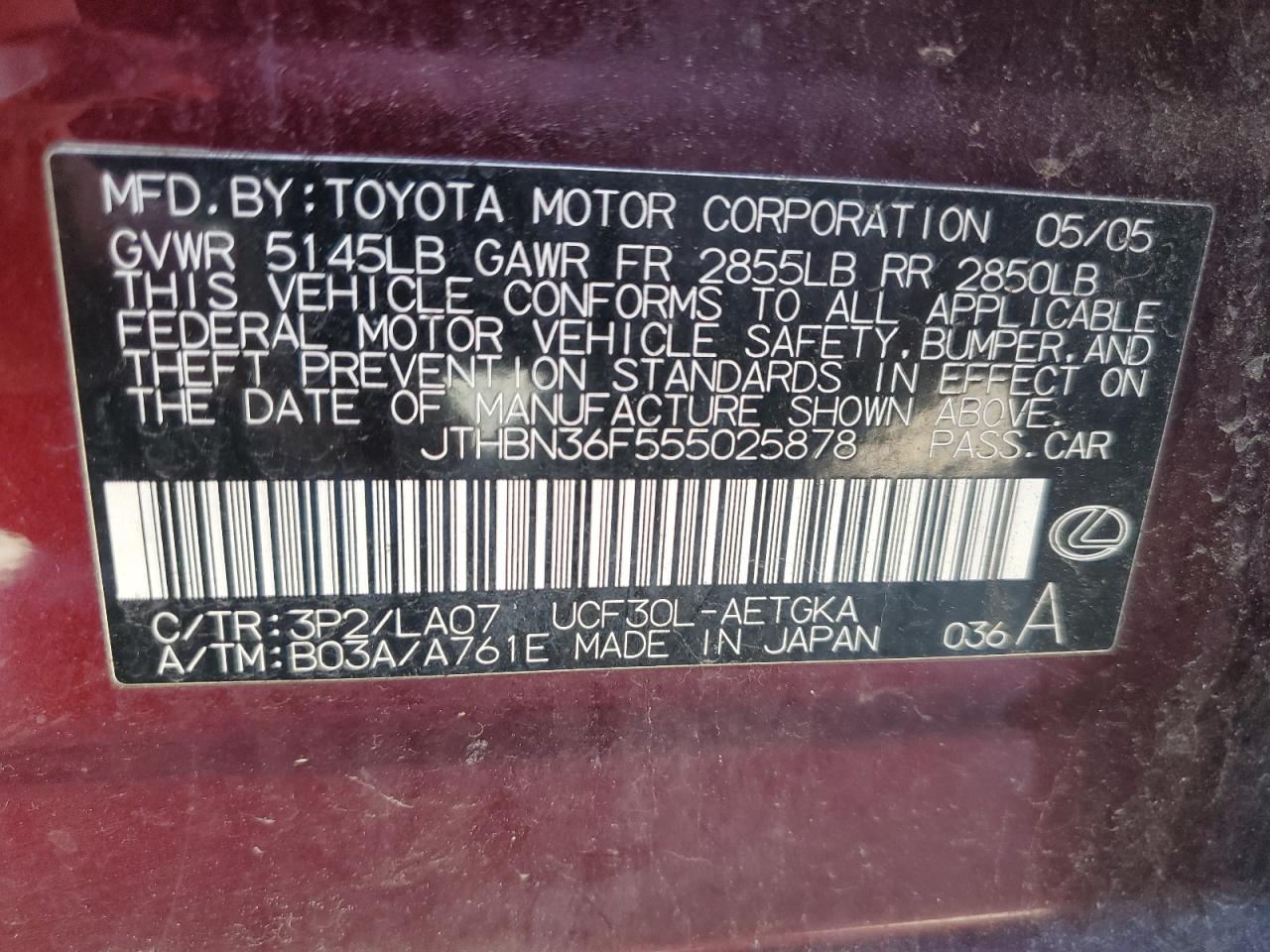 2005 Lexus Ls 430 VIN: JTHBN36F555025878 Lot: 82523295