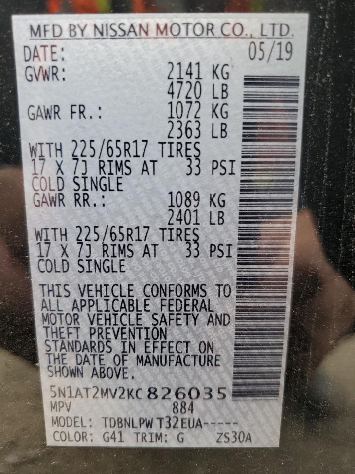 2019 Nissan Rogue S VIN: 5N1AT2MV2KC826035 Lot: 85562235