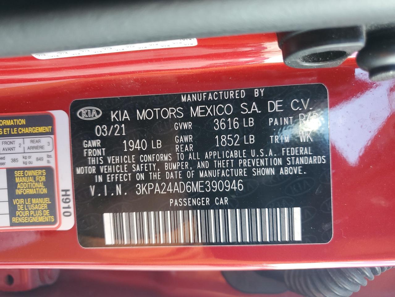 2021 Kia Rio Lx VIN: 3KPA24AD6ME390946 Lot: 84995415