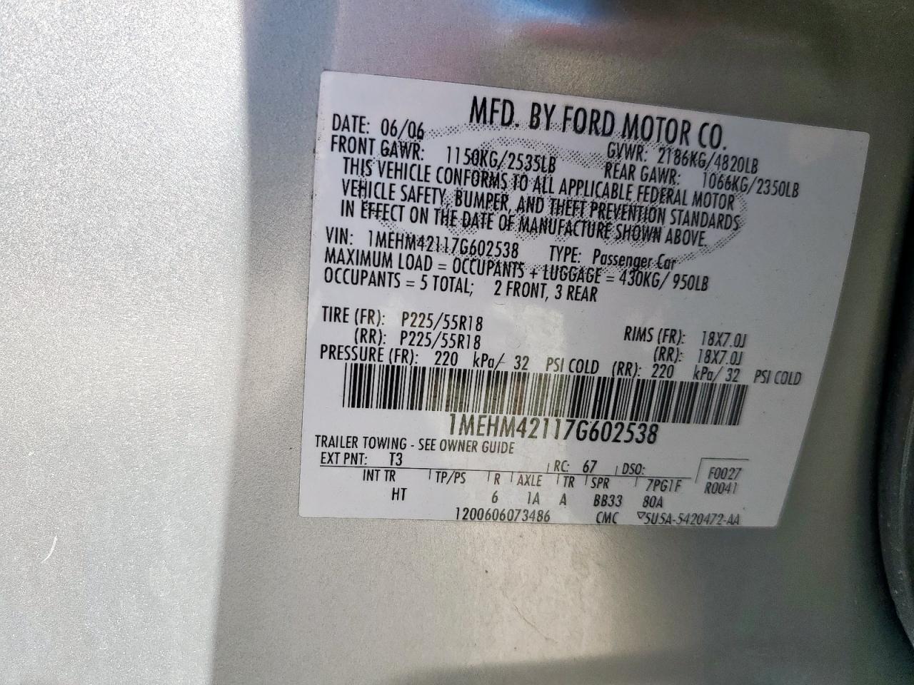 2007 Mercury Montego Premier VIN: 1MEHM42117G602538 Lot: 86231925