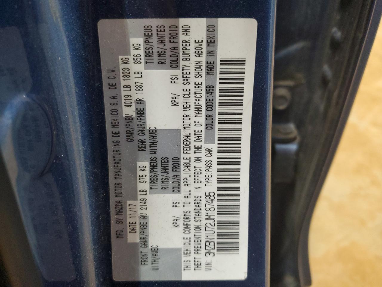 2018 Mazda 3 Sport VIN: 3MZBN1U72JM187485 Lot: 82211315