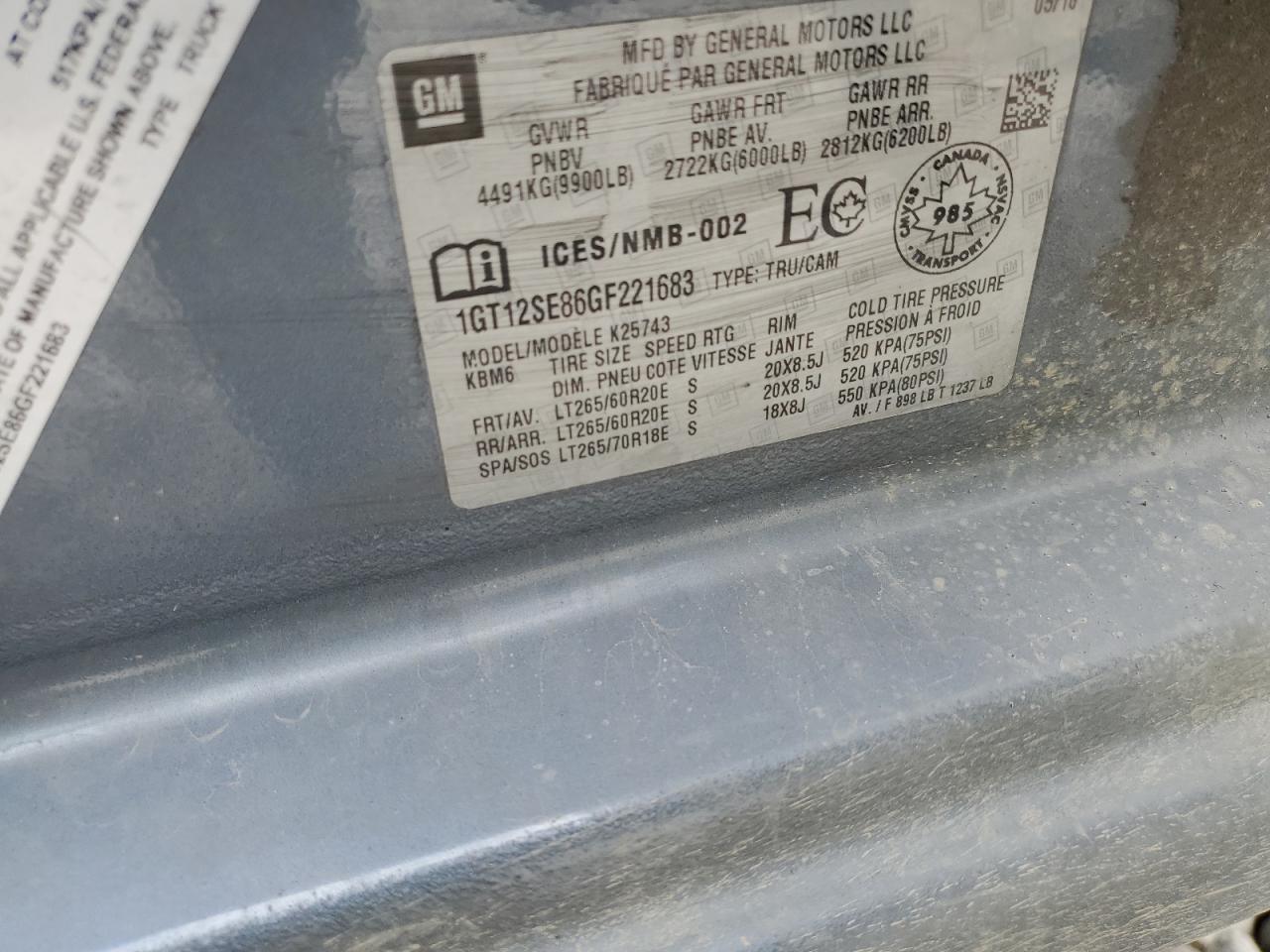 2016 GMC Sierra K2500 Sle VIN: 1GT12SE86GF221683 Lot: 85263225