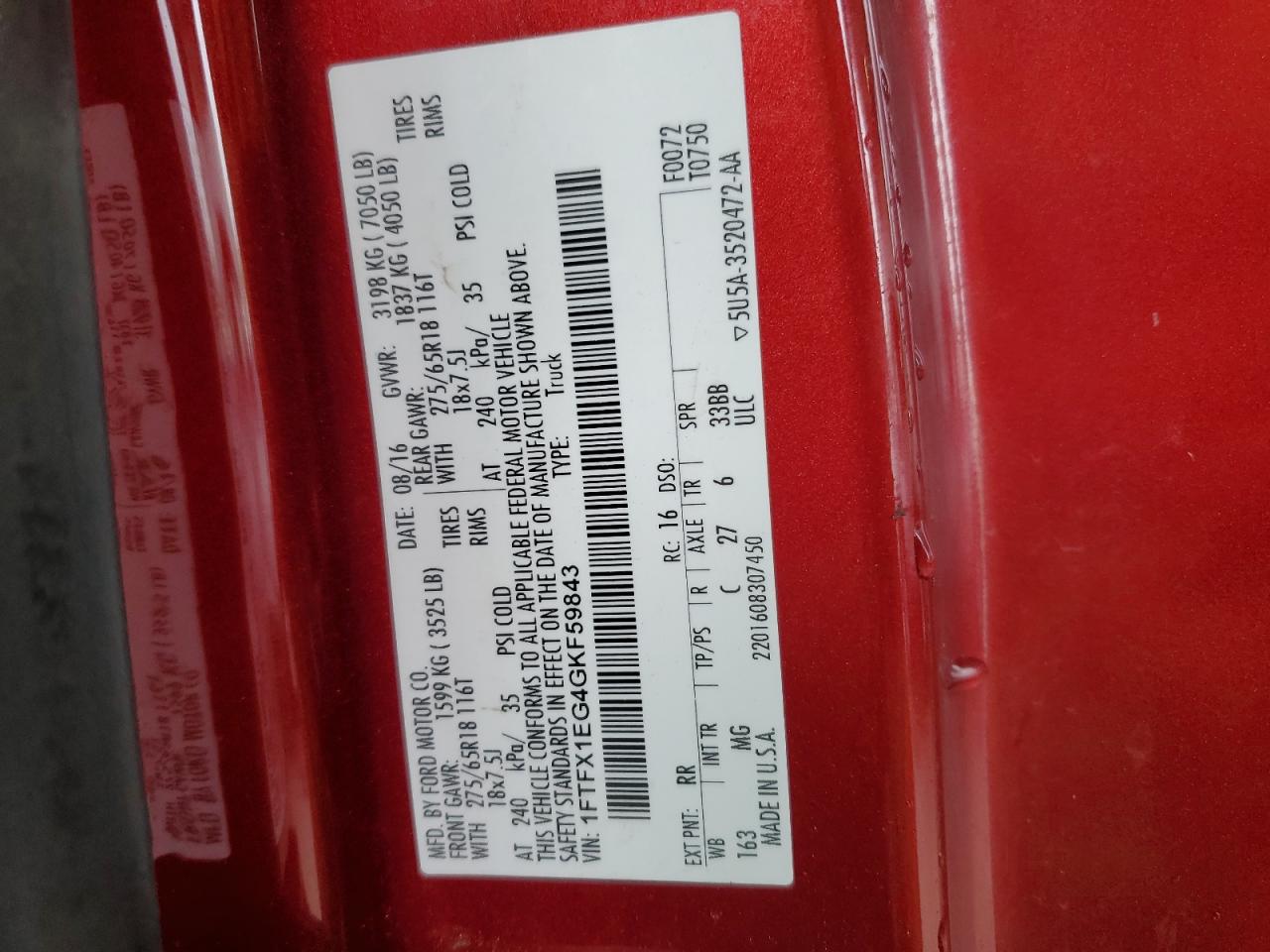 2016 Ford F150 Super Cab VIN: 1FTFX1EG4GKF59843 Lot: 86086445