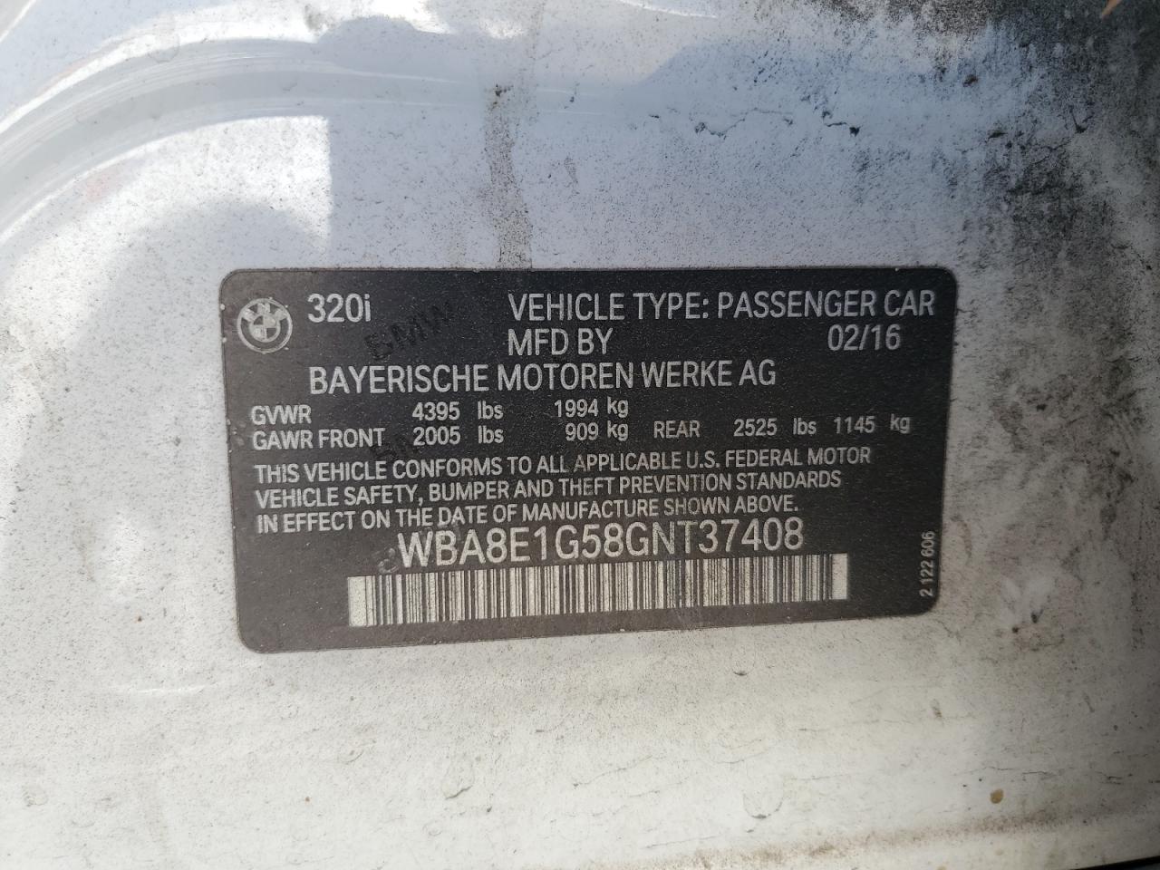 2016 BMW 320 I VIN: WBA8E1G58GNT37408 Lot: 84993145