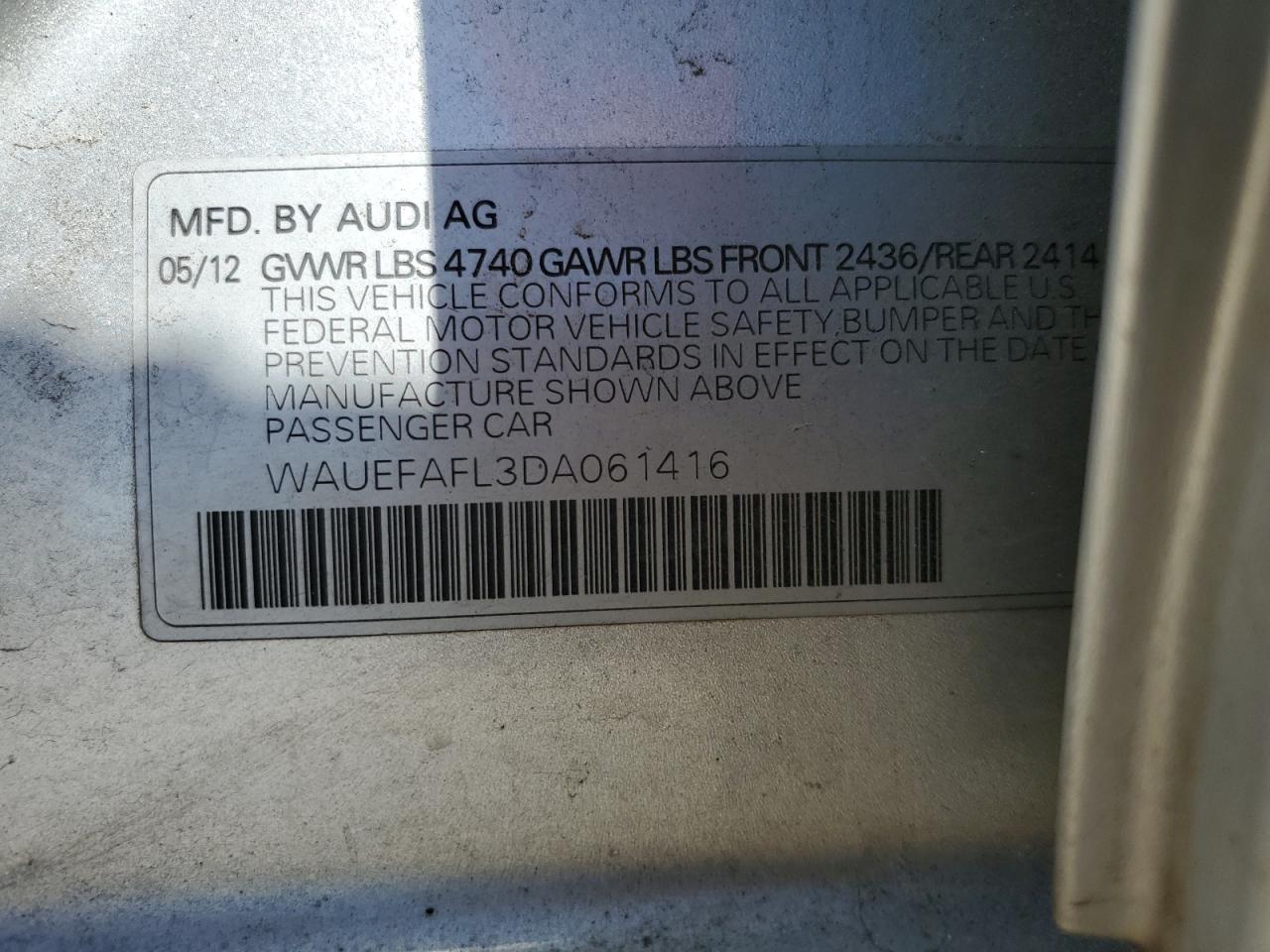 2013 Audi A4 Premium Plus VIN: WAUEFAFL3DA061416 Lot: 84651085