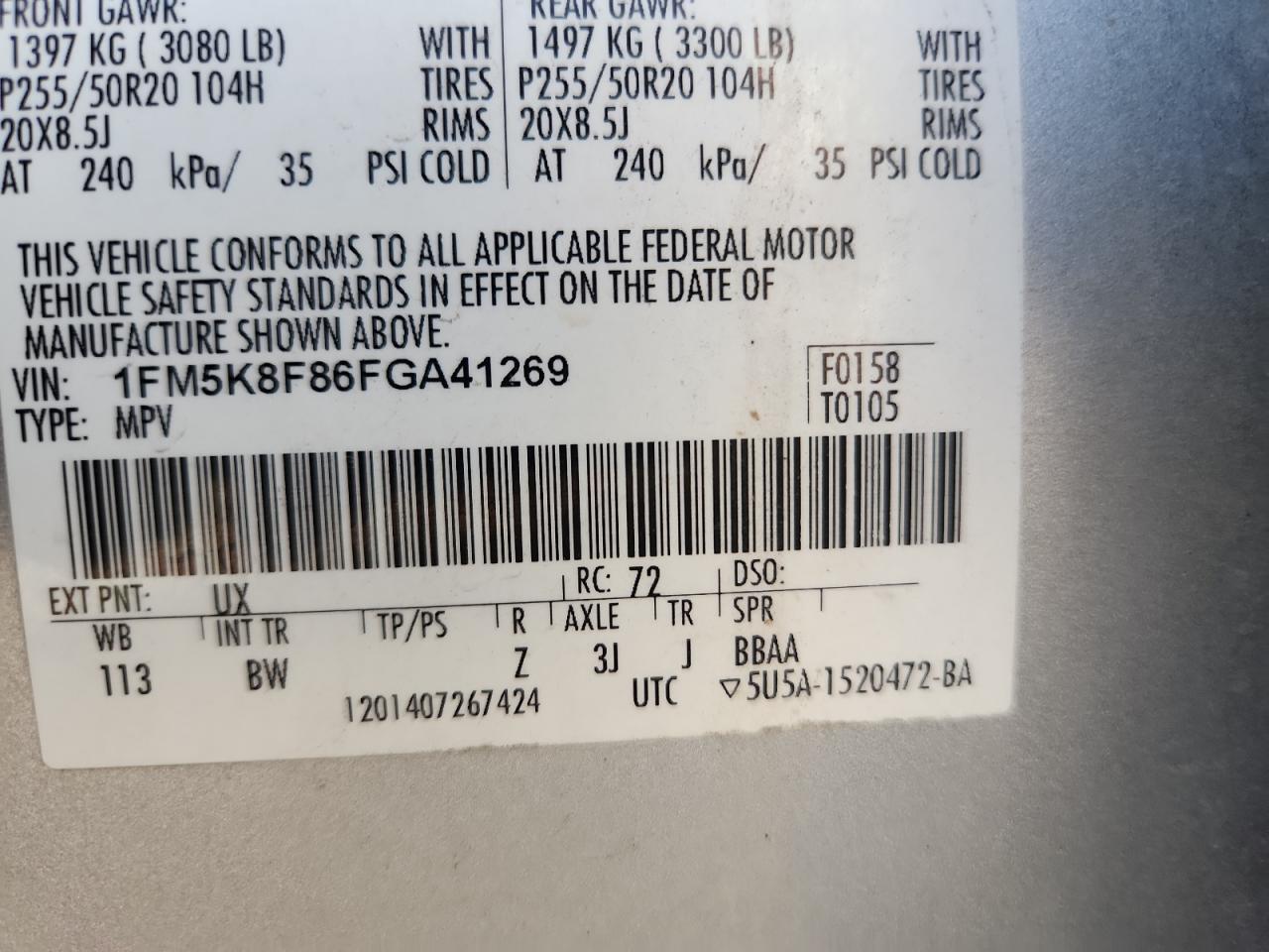 2015 Ford Explorer Limited VIN: 1FM5K8F86FGA41269 Lot: 67234525