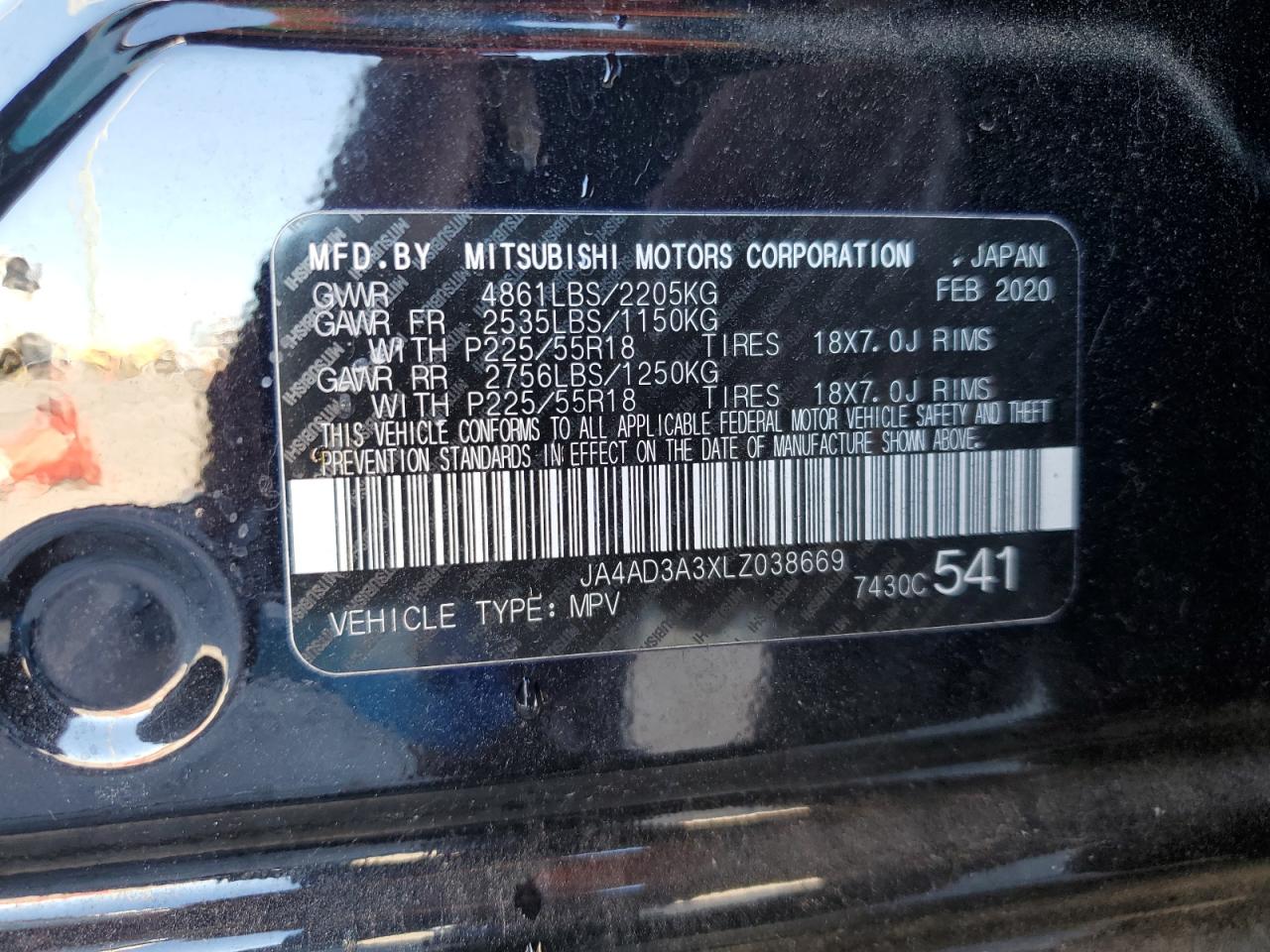 2020 Mitsubishi Outlander Se VIN: JA4AD3A3XLZ038669 Lot: 86494665