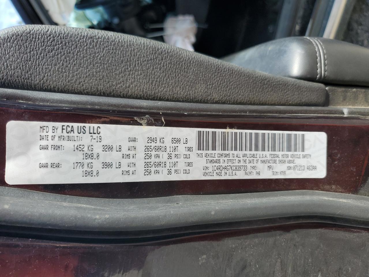 2019 Dodge Durango Sxt VIN: 1C4RDHAG7KC839733 Lot: 82348775