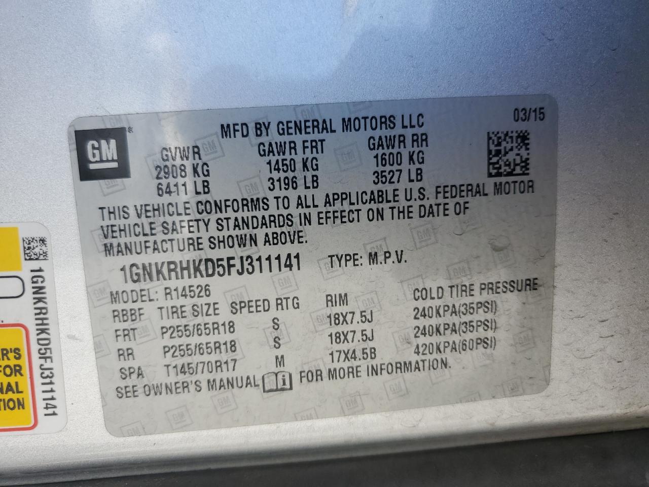 2015 Chevrolet Traverse Lt VIN: 1GNKRHKD5FJ311141 Lot: 82482285