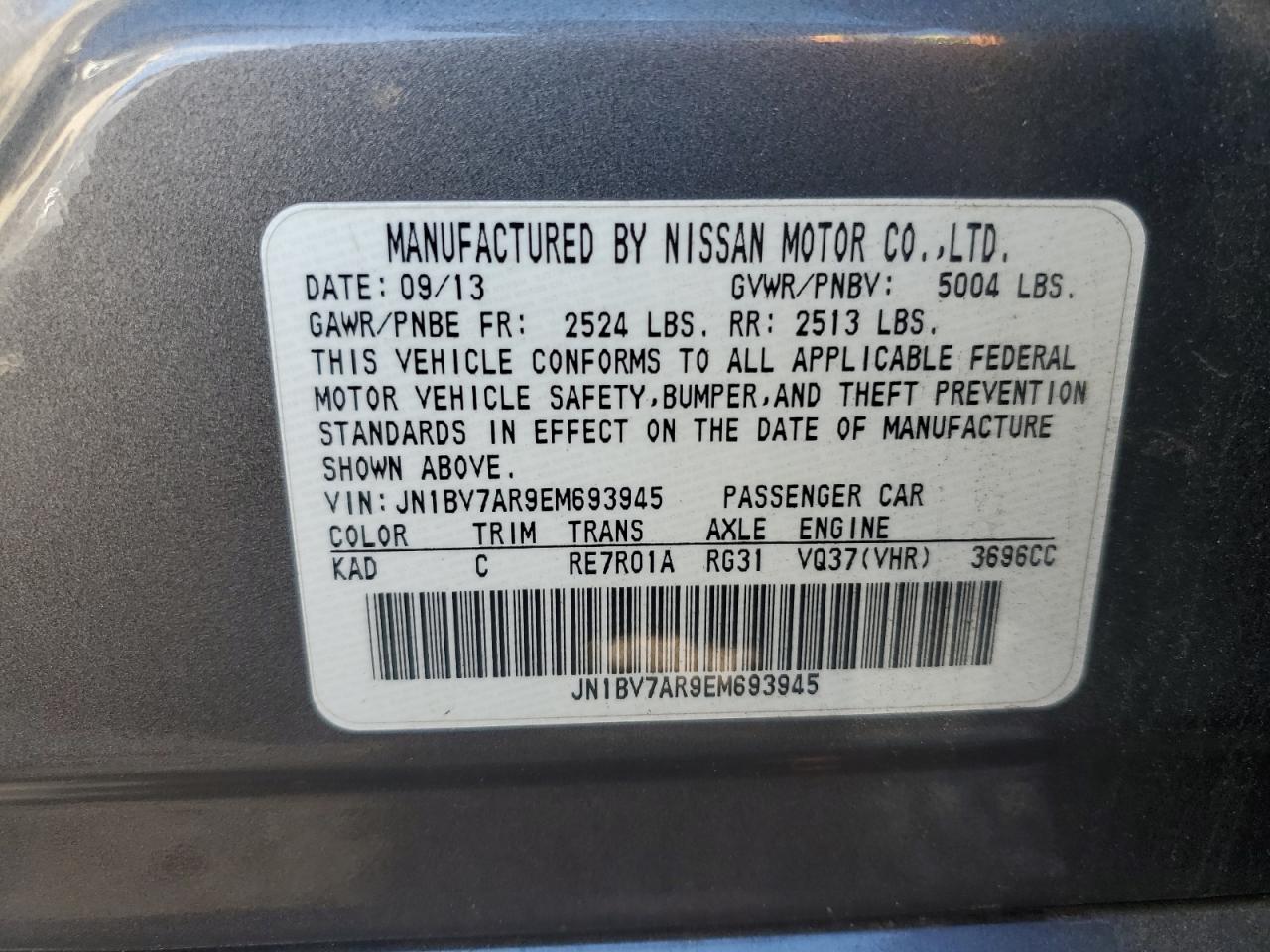 2014 Infiniti Q50 Base VIN: JN1BV7AR9EM693945 Lot: 86852775