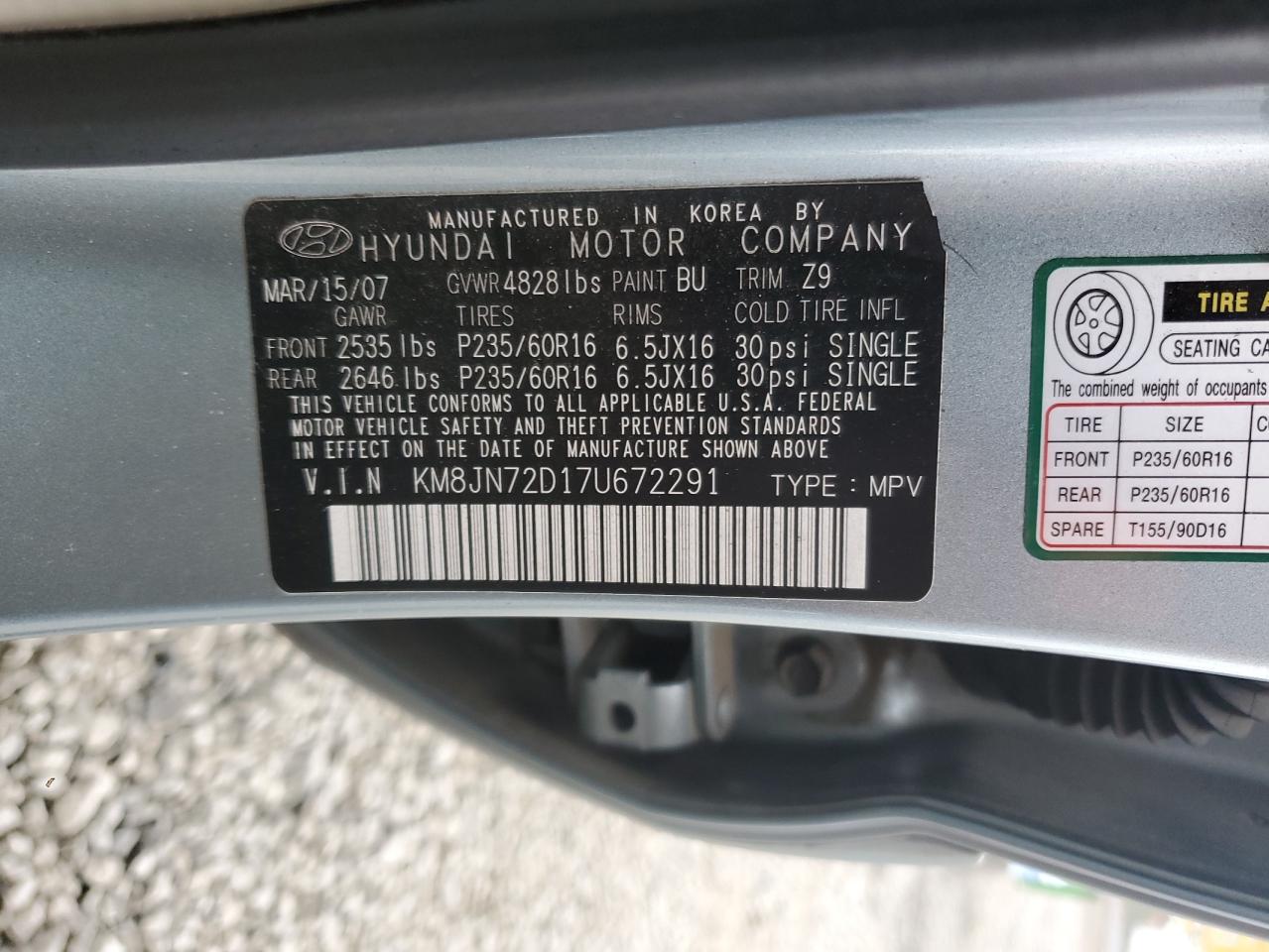 2007 Hyundai Tucson Se VIN: KM8JN72D17U672291 Lot: 89562295