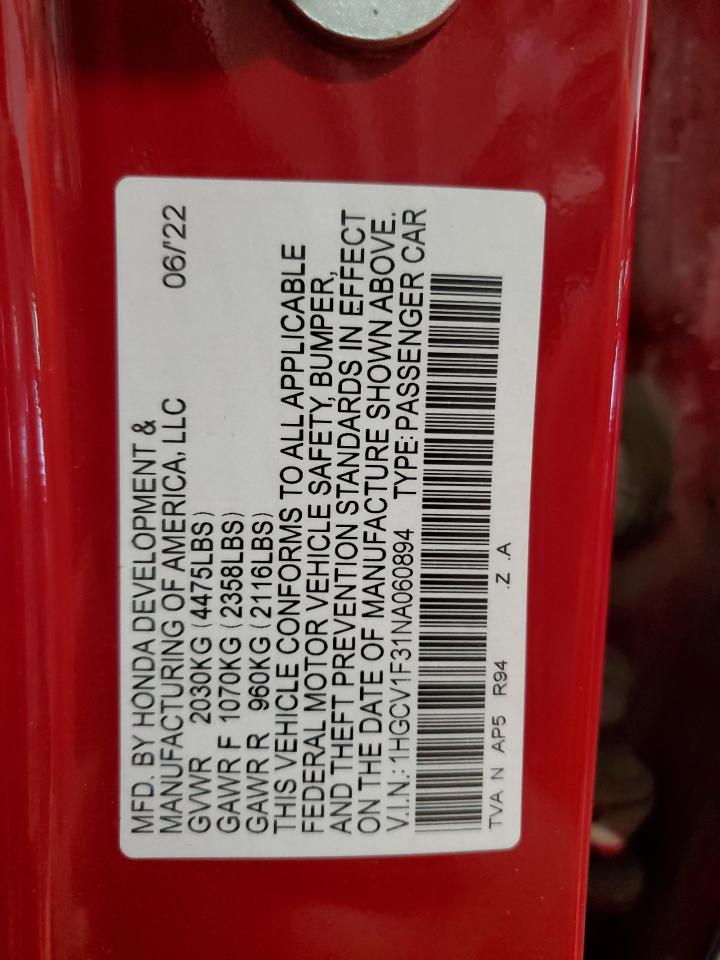 2022 Honda Accord Sport VIN: 1HGCV1F31NA060894 Lot: 84780655