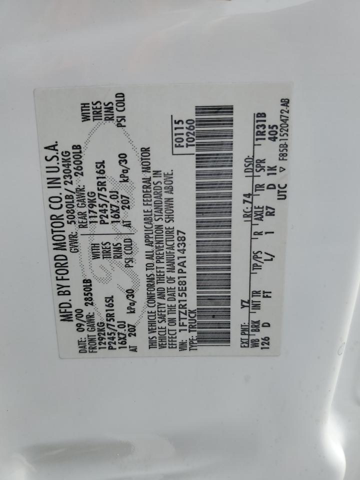 2001 Ford Ranger Super Cab VIN: 1FTZR15E81PA14387 Lot: 82741965