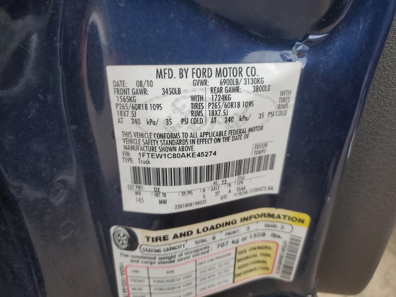 2010 Ford F150 Supercrew VIN: 1FTEW1C80AKE45274 Lot: 89735155