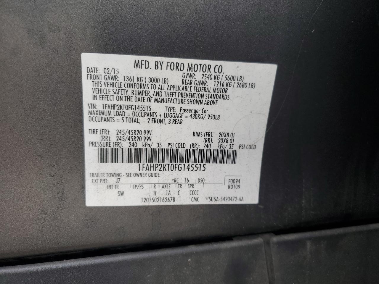 2015 Ford Taurus Sho VIN: 1FAHP2KT0FG145515 Lot: 82275215