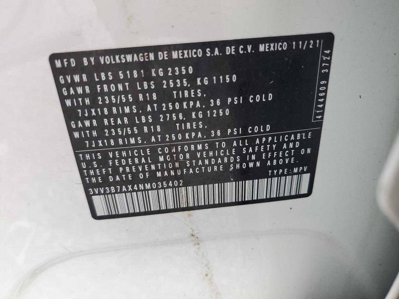 2022 Volkswagen Tiguan Se VIN: 3VV3B7AX4NM035402 Lot: 85505515