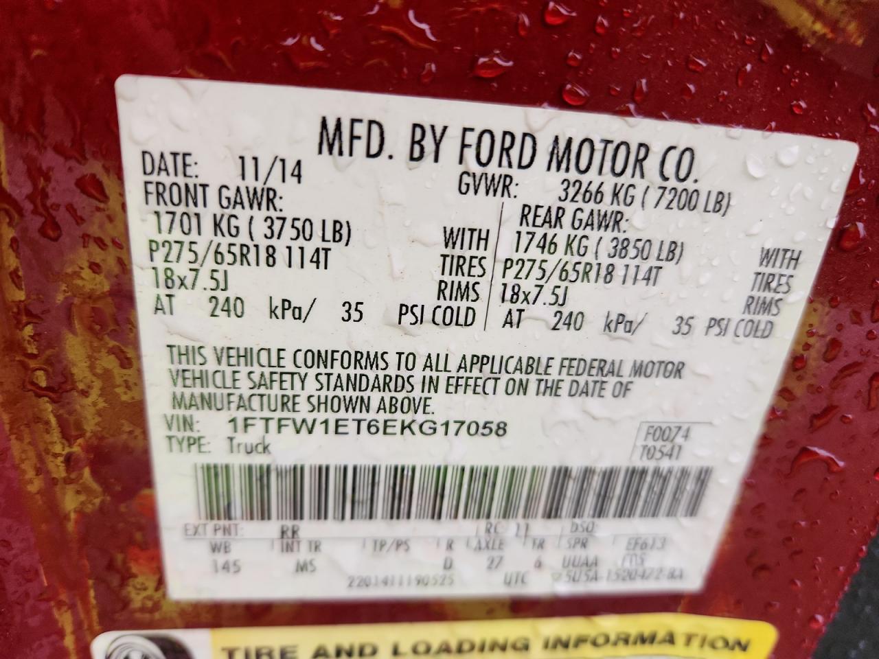 2014 Ford F150 Supercrew VIN: 1FTFW1ET6EKG17058 Lot: 85350315