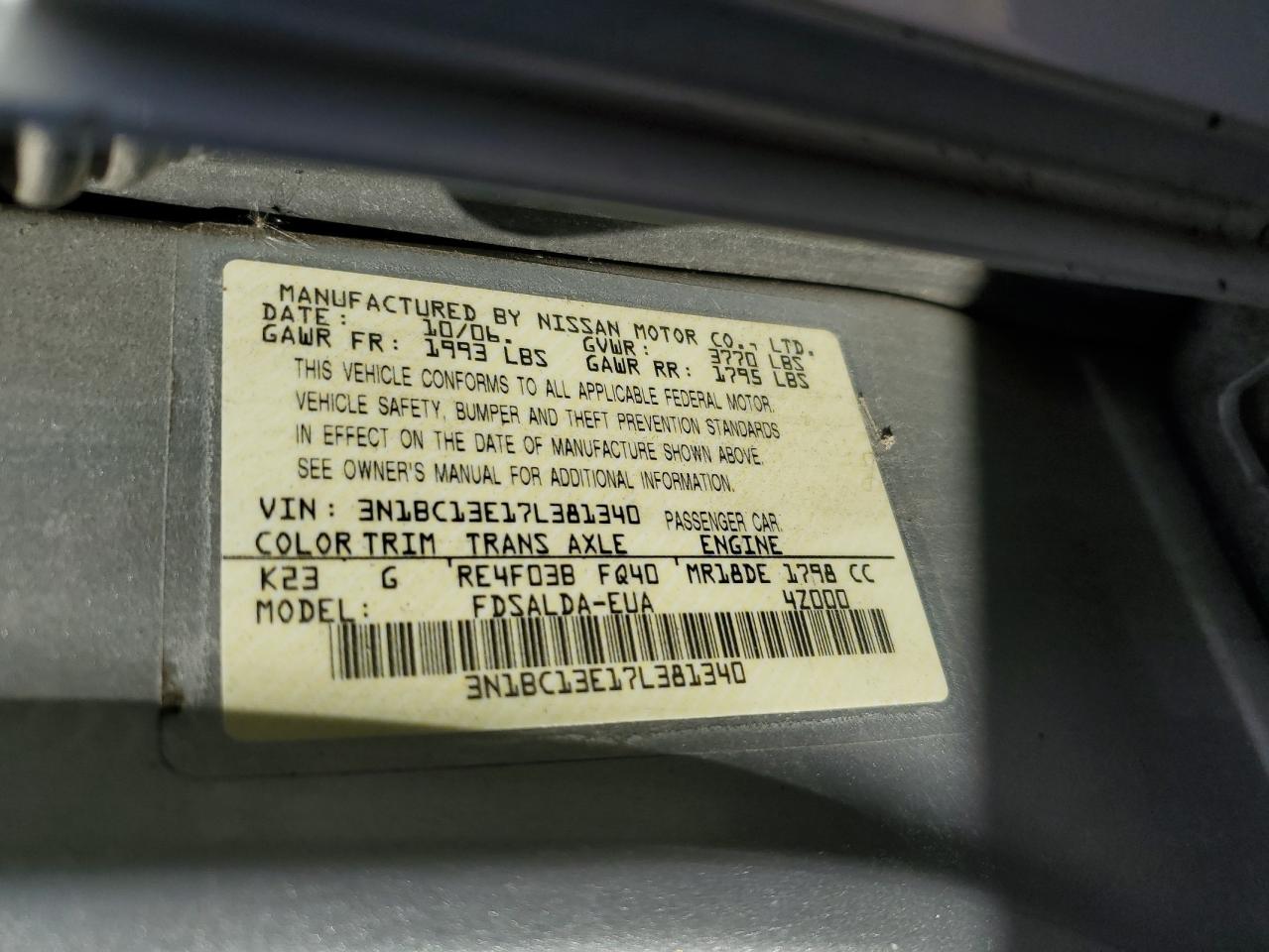 2007 Nissan Versa S VIN: 3N1BC13E17L381340 Lot: 82354435