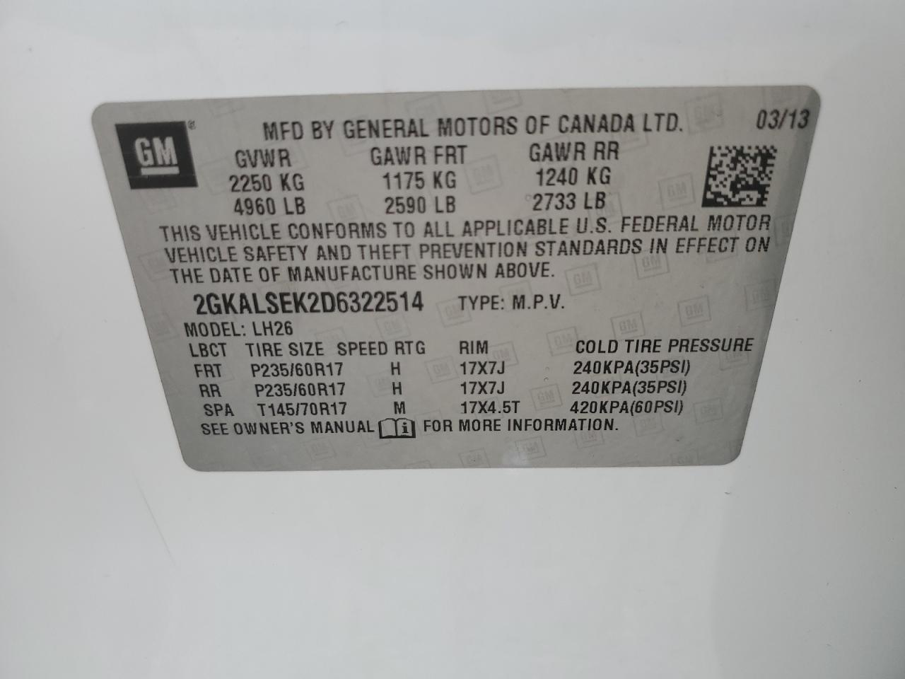 2013 GMC Terrain Sle VIN: 2GKALSEK2D6322514 Lot: 86131335