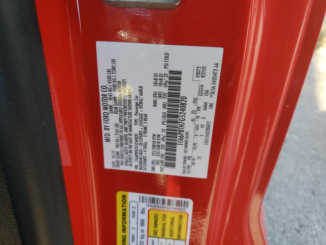 2016 Ford Mustang VIN: 1FA6P8TH7G5240820 Lot: 85487445