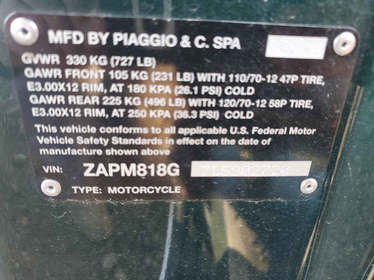 2020 Vespa Primavera VIN: ZAPM818G7L5902720 Lot: 89480435