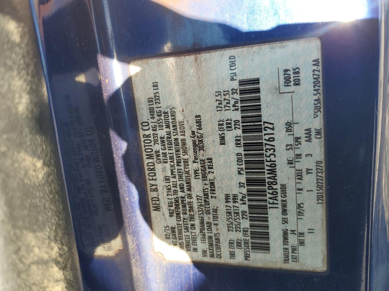 2015 Ford Mustang VIN: 1FA6P8AM6F5376127 Lot: 82296525