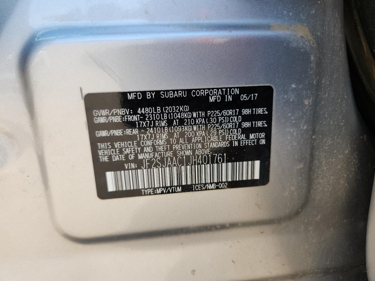 2018 Subaru Forester 2.5I VIN: JF2SJAAC1JH401761 Lot: 84833915