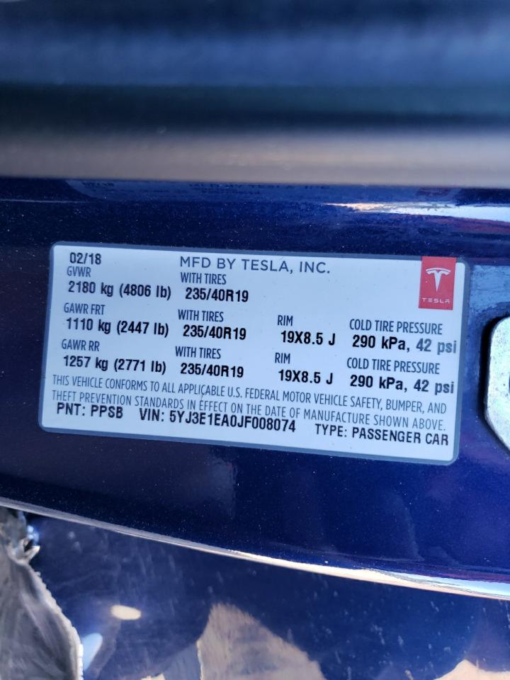 2018 Tesla Model 3 VIN: 5YJ3E1EA0JF008074 Lot: 82741035