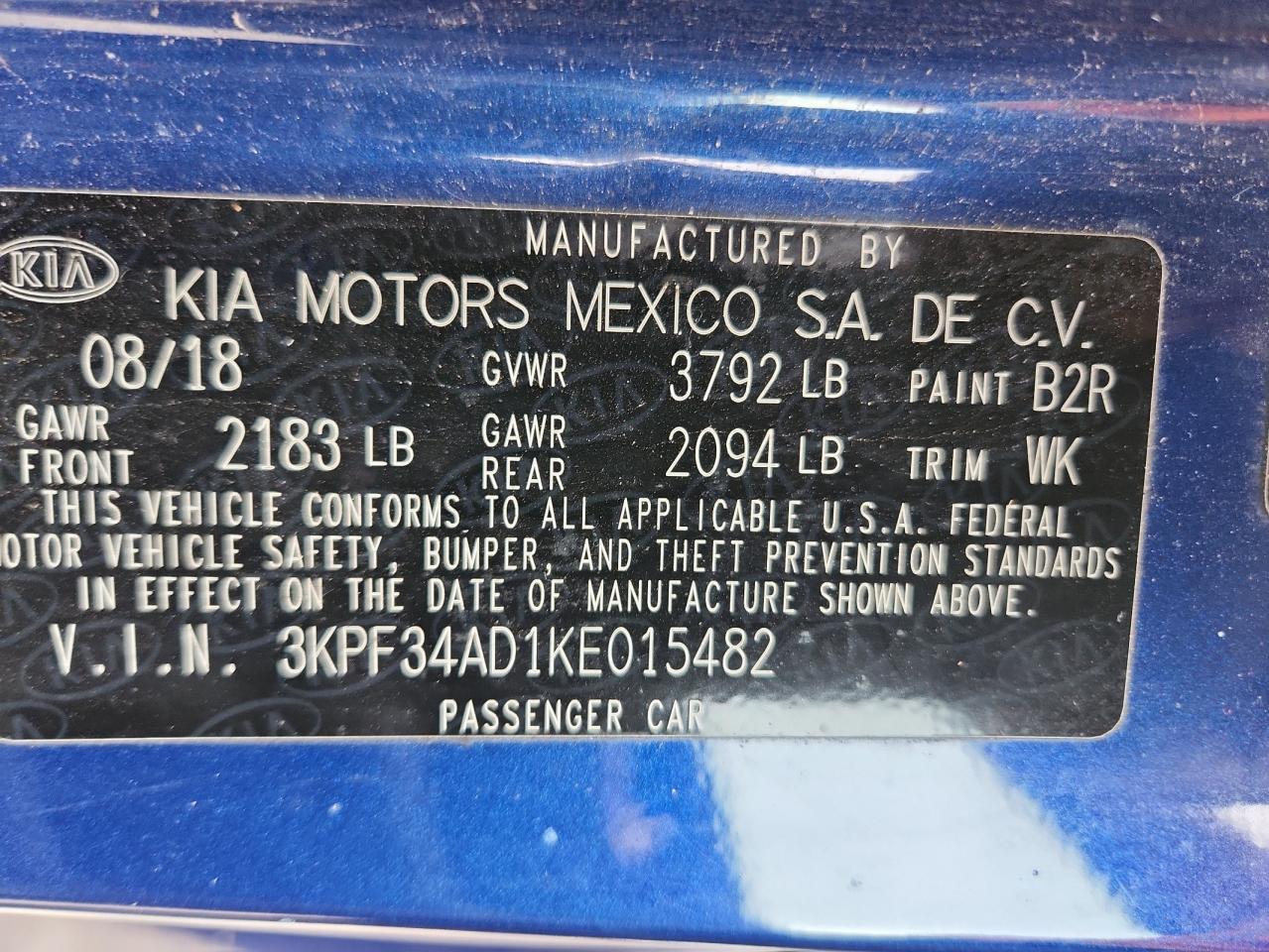 2019 Kia Forte Gt Line VIN: 3KPF34AD1KE015482 Lot: 87313365