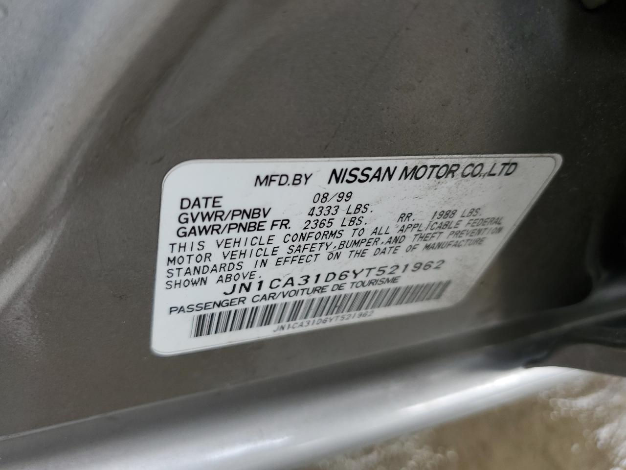 2000 Nissan Maxima Gle VIN: JN1CA31D6YT521962 Lot: 86510515