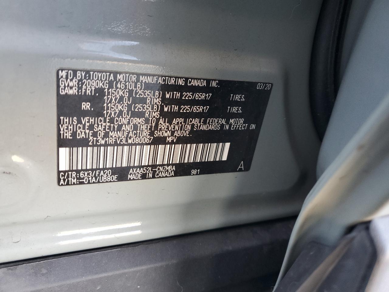 2020 Toyota Rav4 Xle VIN: 2T3W1RFV3LW080067 Lot: 85522845