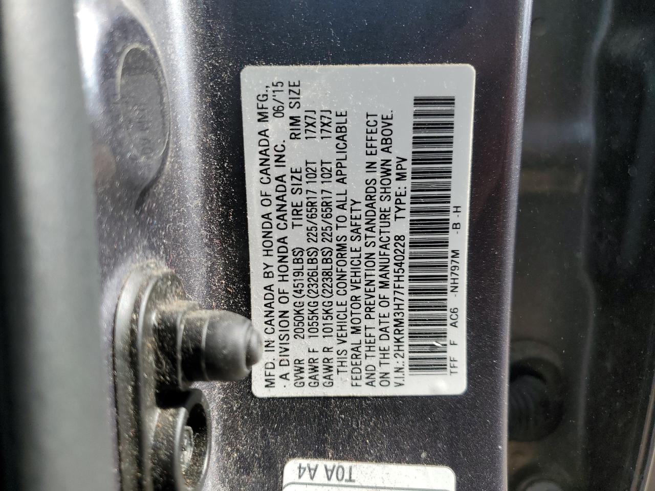 2015 Honda Cr-V Exl VIN: 2HKRM3H77FH540228 Lot: 86660135