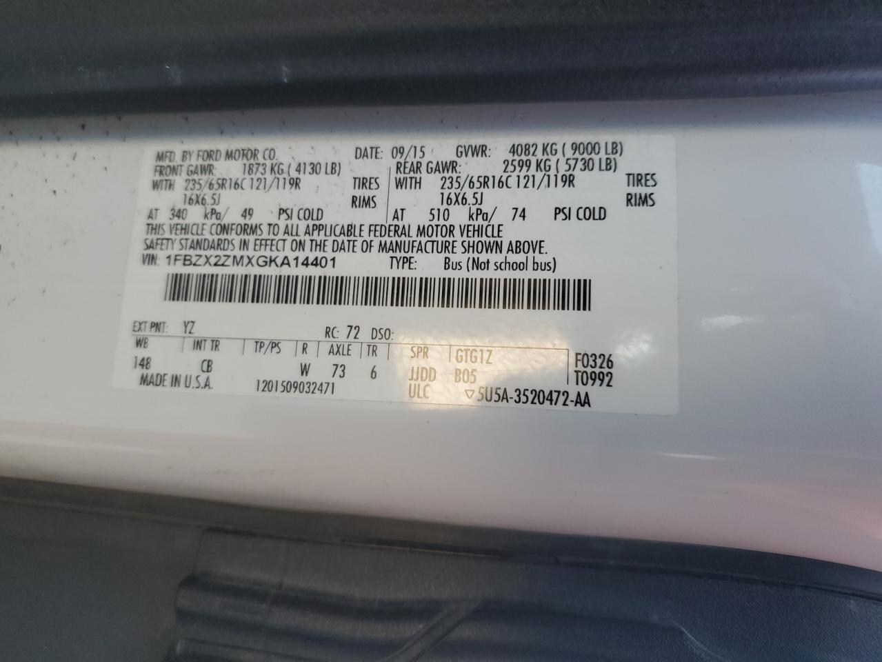 2016 Ford Transit T-350 VIN: 1FBZX2ZMXGKA14401 Lot: 86112235