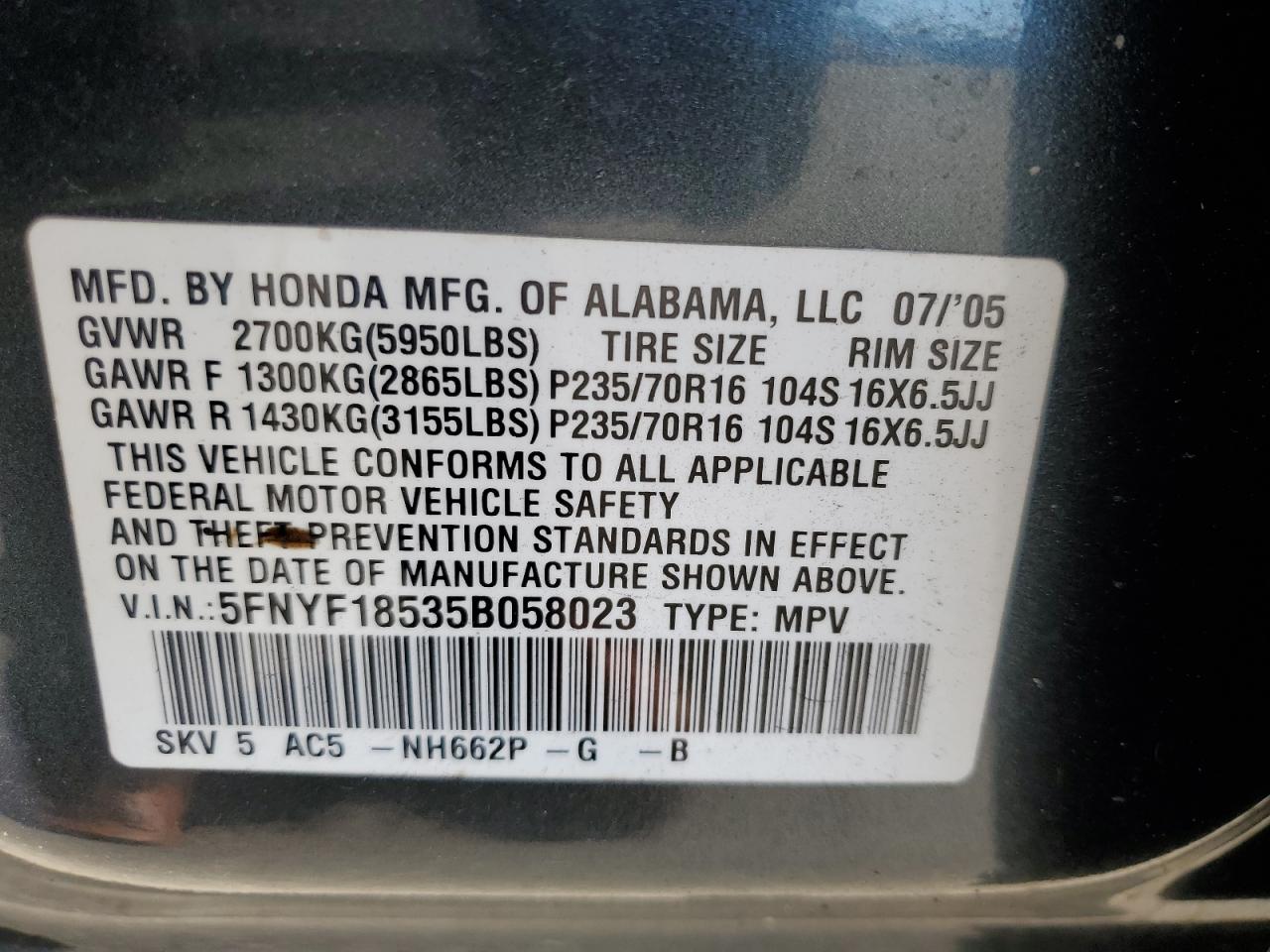 2005 Honda Pilot VIN: 5FNYF18535B058023 Lot: 81904345
