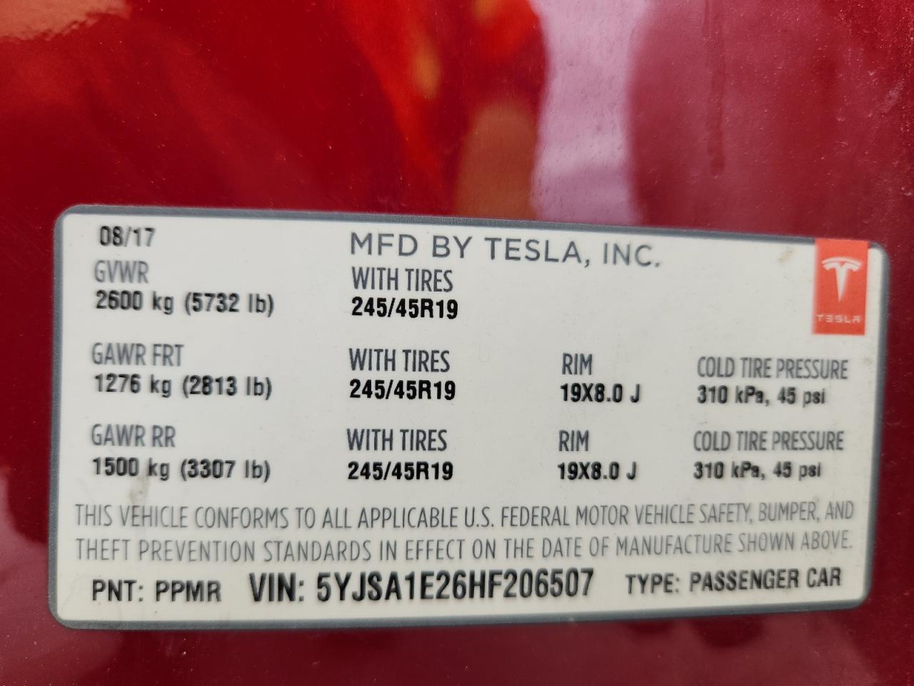 2017 Tesla Model S VIN: 5YJSA1E26HF206507 Lot: 82398175