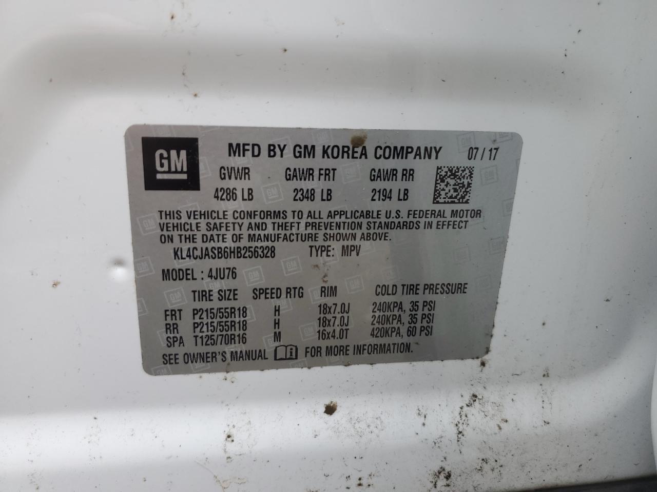 2017 Buick Encore Preferred VIN: KL4CJASB6HB256328 Lot: 82340675