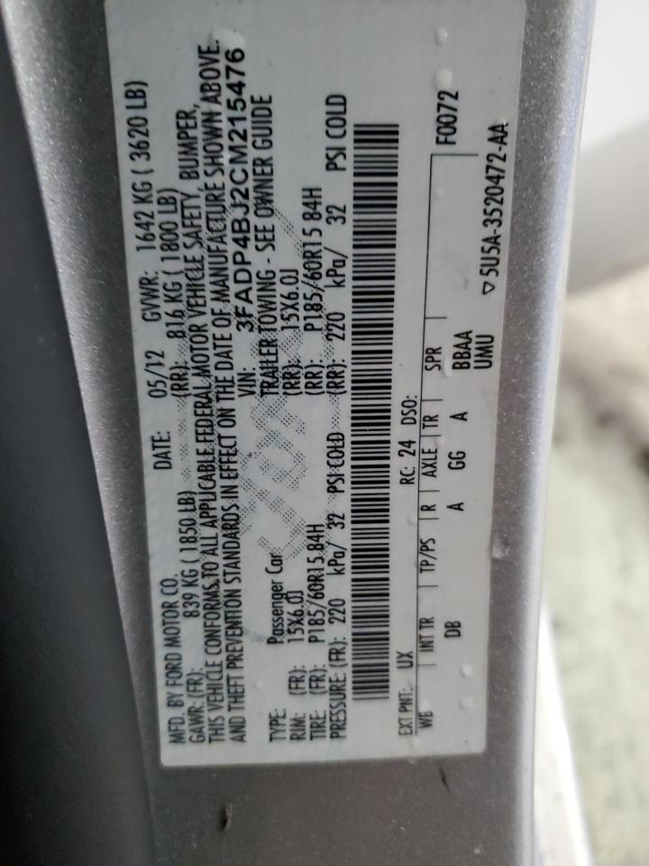 2012 Ford Fiesta Se VIN: 3FADP4BJ2CM215476 Lot: 90533885