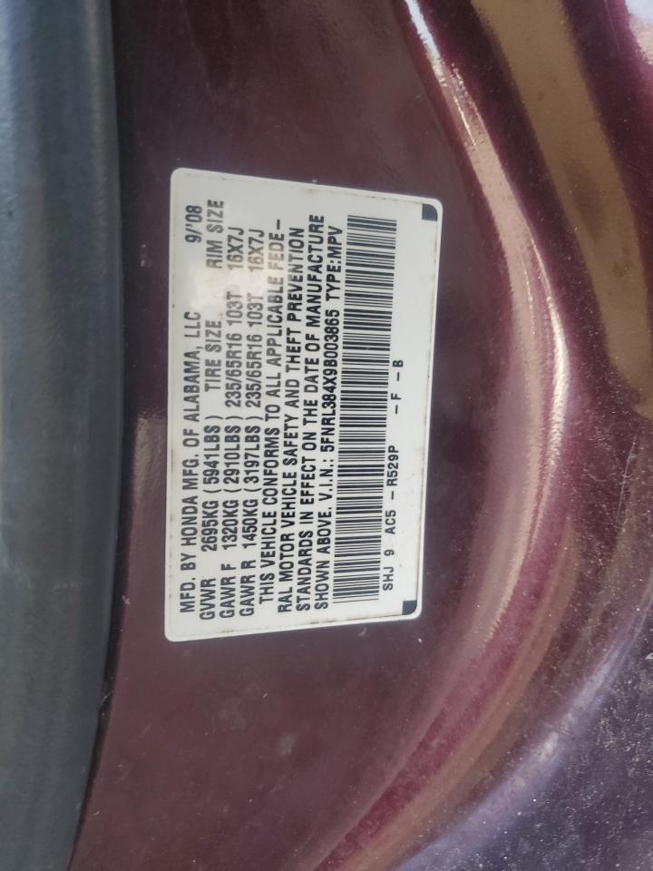2009 Honda Odyssey Ex VIN: 5FNRL384X9B003865 Lot: 84802435