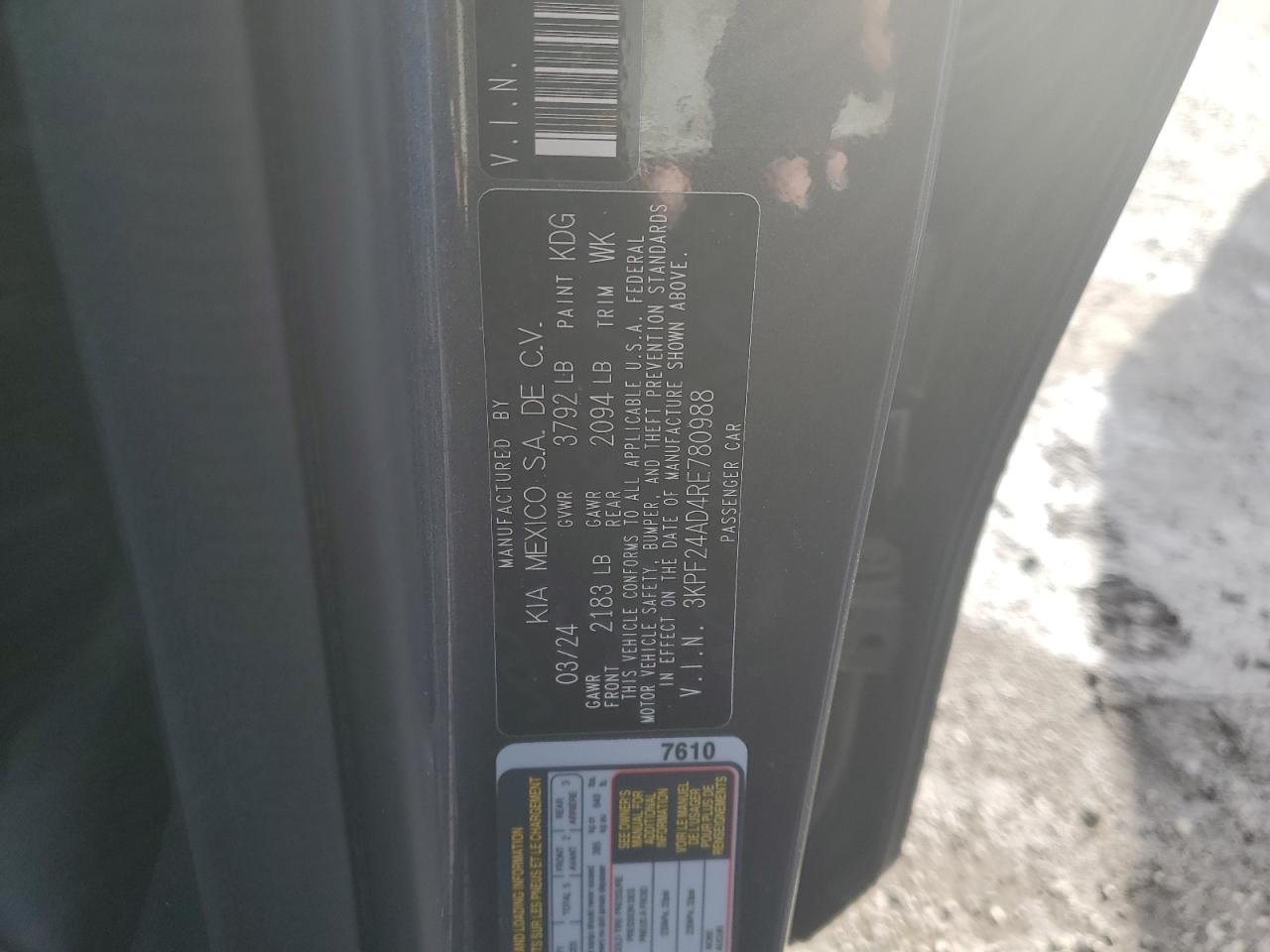 2024 Kia Forte Lx VIN: 3KPF24AD4RE780988 Lot: 87204425