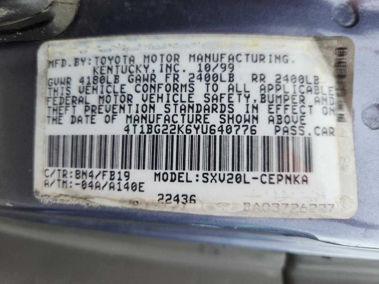 2000 Toyota Camry Ce VIN: 4T1BG22K6YU640776 Lot: 82269245