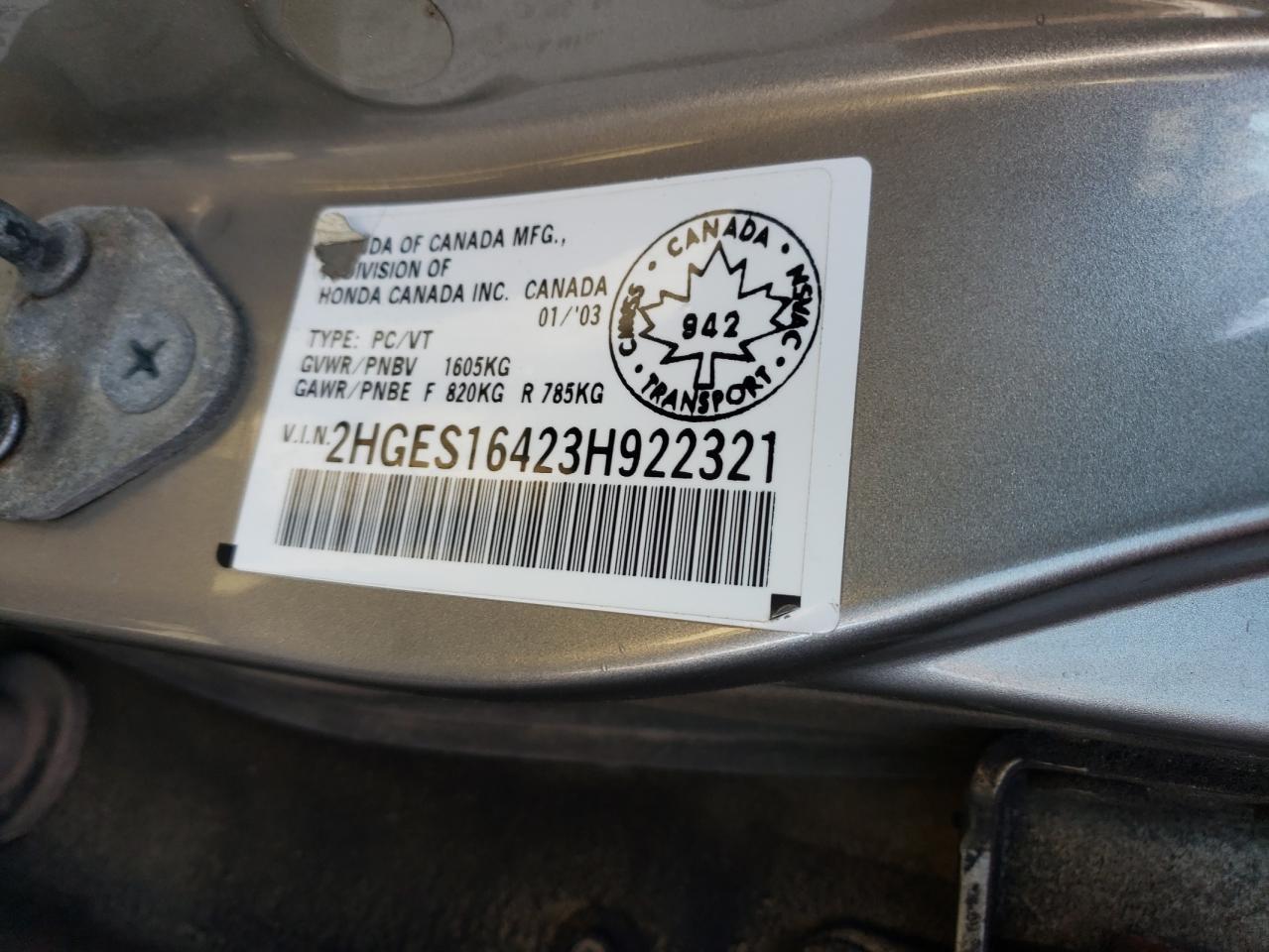 2003 Honda Civic Dx VIN: 2HGES16423H922321 Lot: 90273195