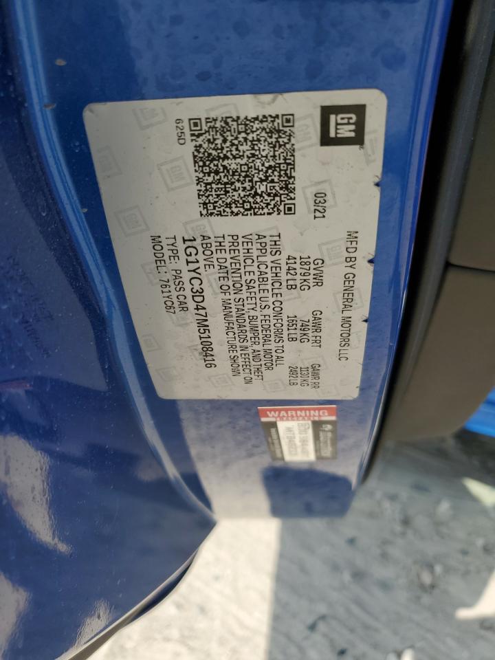 2021 Chevrolet Corvette Stingray 3Lt VIN: 1G1YC3D47M5108416 Lot: 87365985