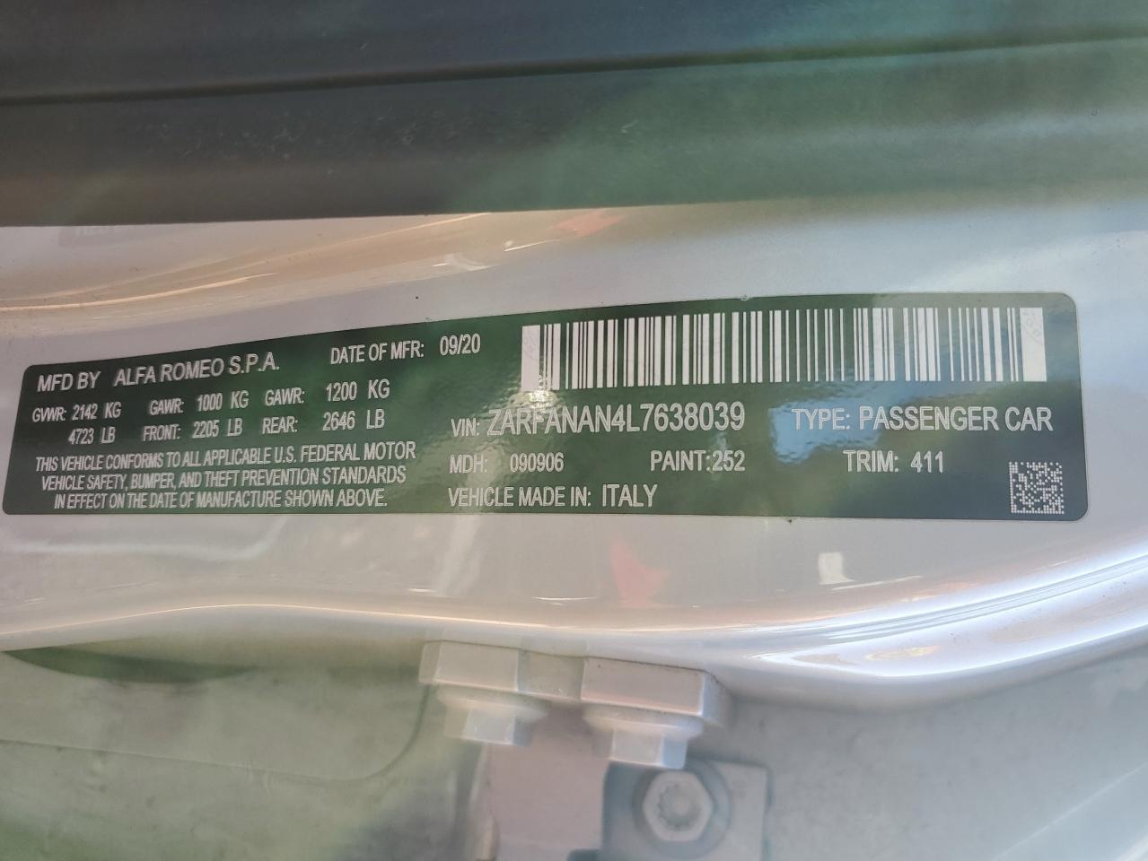 2020 Alfa Romeo Giulia VIN: ZARFANAN4L7638039 Lot: 82184185