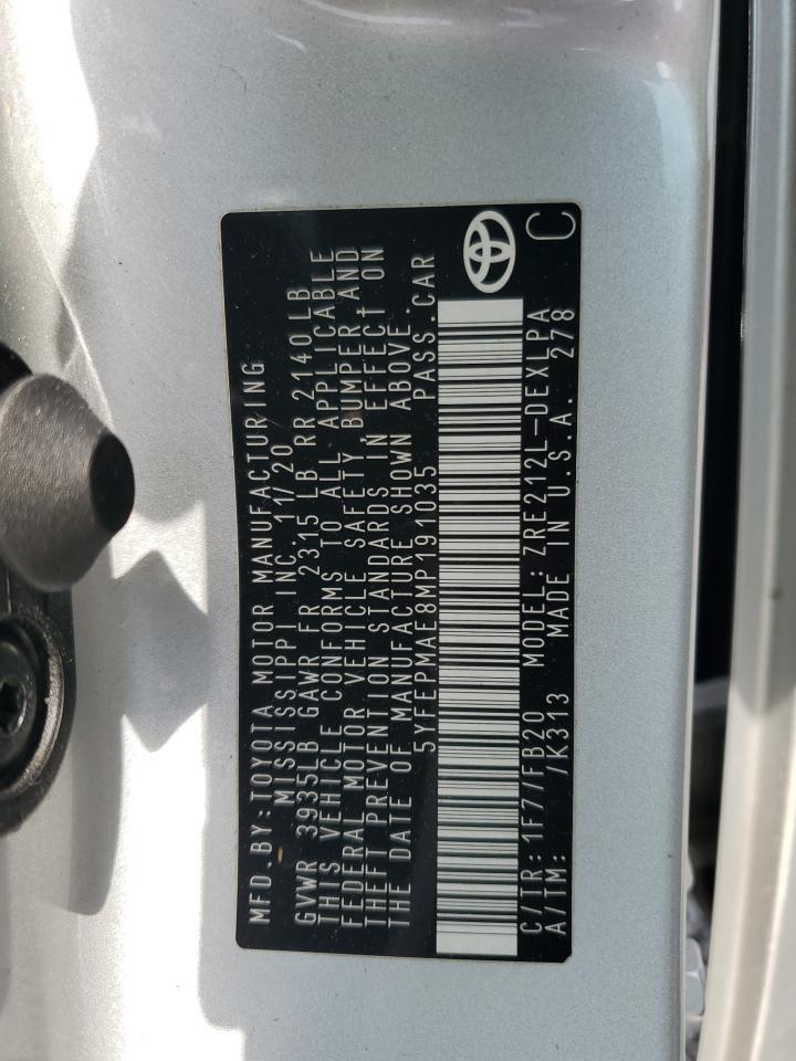 2021 Toyota Corolla Le VIN: 5YFEPMAE8MP191035 Lot: 86175995