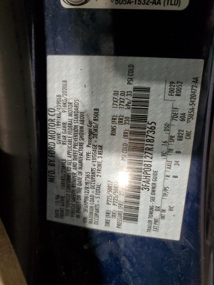 2007 Ford Fusion Sel VIN: 3FAHP08127R187365 Lot: 90584805