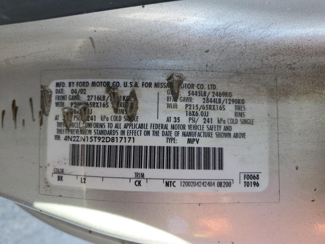 2002 Nissan Quest Gxe VIN: 4N2ZN15T92D817171 Lot: 85725745