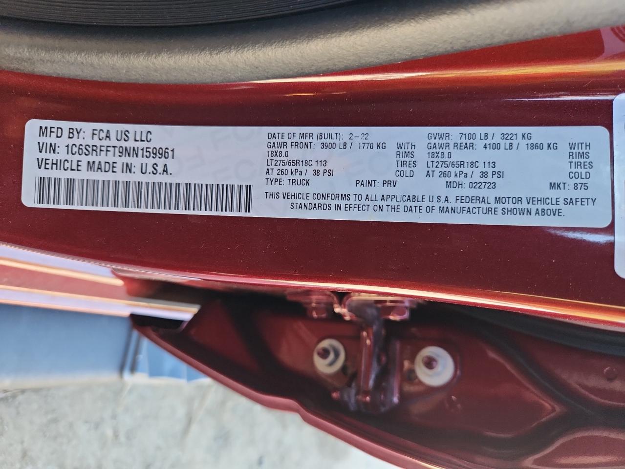 2022 Ram 1500 Big Horn/Lone Star VIN: 1C6SRFFT9NN159961 Lot: 89915855